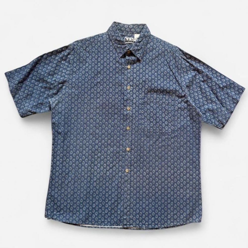 90s button up shirt blue paisley Key Elements casual cotton vintage men's XL